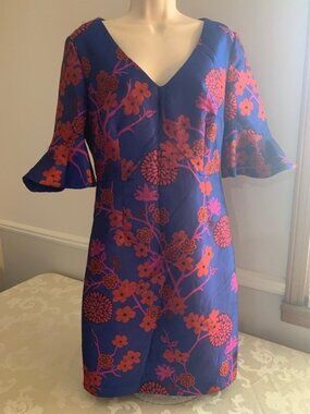 Trina Turk Navy Floral Flared Sleeve Dress Size 8